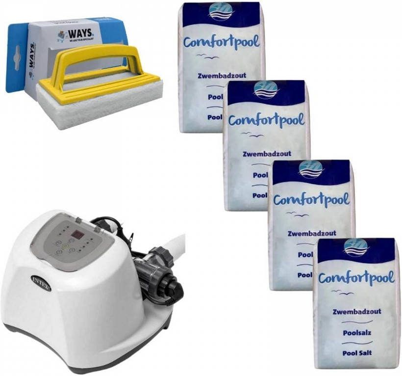 Intex Zoutwatersysteem 26668gs & Zwembadzout 80 Kg & Ways Scrubborstel