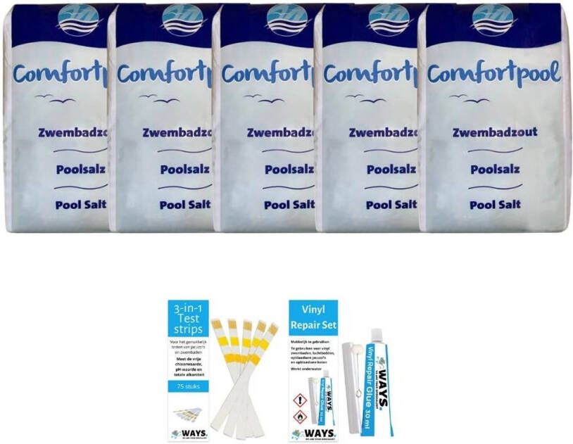 Merkloos Voordeelverpakking Zwembadzout 100 Kg(5 X 20)& Ways Reparatieset En Teststrips
