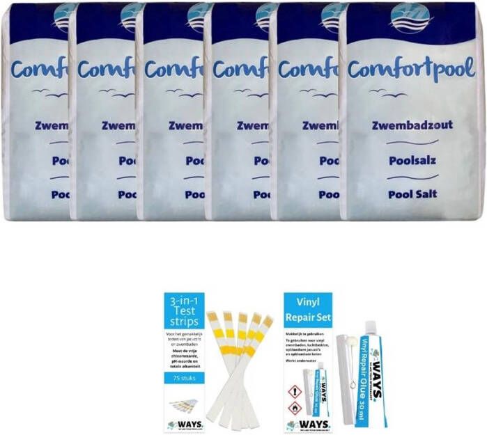 Merkloos Voordeelverpakking Zwembadzout 120 Kg(6 X 20)& Ways Reparatieset En Teststrips