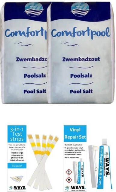 Merkloos Voordeelverpakking Zwembadzout 40 Kg(2 X 20)& Ways Reparatieset En Teststrips