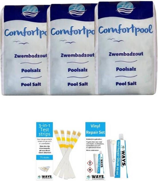Merkloos Voordeelverpakking Zwembadzout 60 Kg(3 X 20)& Ways Reparatieset En Teststrips