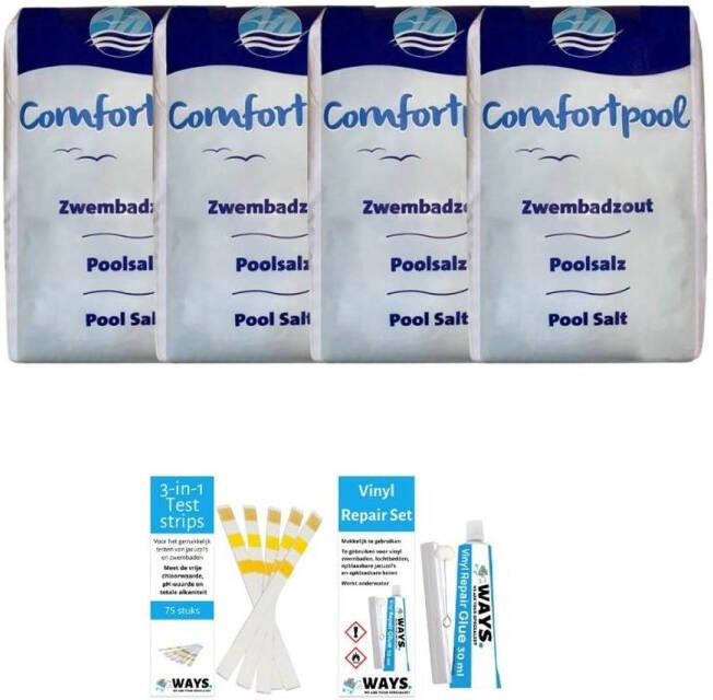 Merkloos Voordeelverpakking Zwembadzout 80 Kg(4 X 20)& Ways Reparatieset En Teststrips